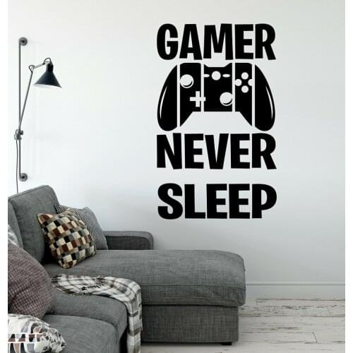 Joystick Gamer Never Sleep Quote Wall Sticker for Teen Boys Bedroom Vinyl Wall Decal Game Zone Room Door Decor Murals P726
