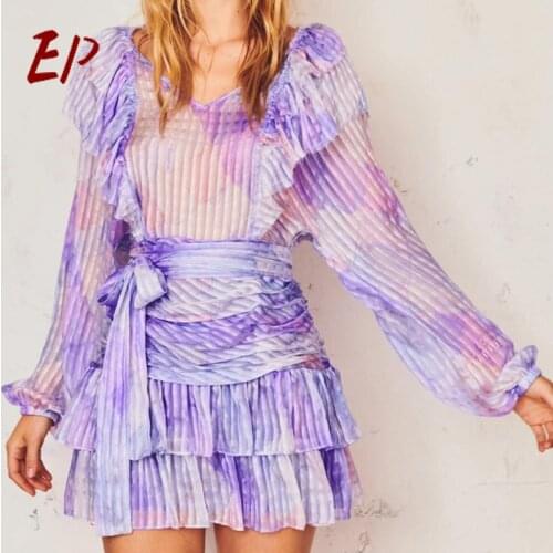 EP 2021 Dresses Female Causal Print Women Dress V Neck Lantern Long Sleve High Waist Lace Up Bow Ruffles Ruched Hit Color