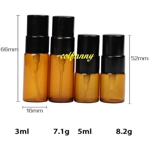 200pcs/lot 16MM diameter 3ml 5ml amber spray bottle Empty Essential oil Perfume bottle glass brown spray bottles