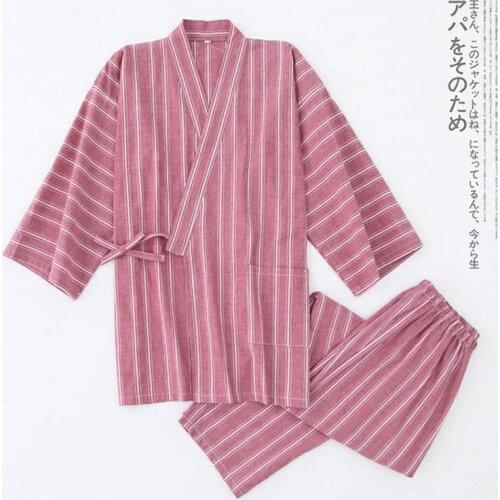 Mens Robe Kimono Pajamas Sets Cotton Stripe Men Sleep Nightly Sexy Night gown Homewear Sleepwear Male Underwear Clothes pijama
