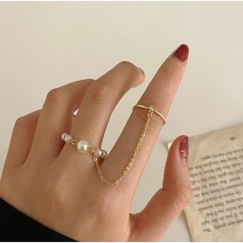 Fashion Rings Set For Women Hand Finger Chain Adjustable Double Ring Fashion Vintage Pearl Pendant Punk Jewelry