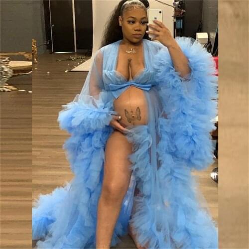 Cheap Blue Pregnant Women Sexy Photo Robes Sleepwear Nightwear Ruffles Long Robe Tiered Gown Bathrobe Sleep Nightdress Femme Hot