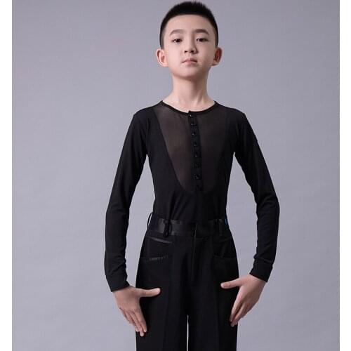 New Latin Dance Tops For Kids Long Sleeve Mesh See-Through Practice Shirt Boys Rumba Tango Samba Cha Cha Dance Jumpsuit VO1385