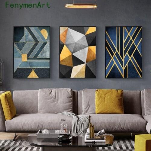 Nordic Abstract Blue Golden Geometric Wall Art Nordic Canvas Painting Golden Sun Art Poster Print Wall Picture Room Home Decor