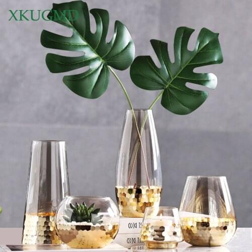Golden honeycomb fine ground glass transparent vase Nordic Dining room ornaments Balcony Hydroponic Vases home decor Crafts