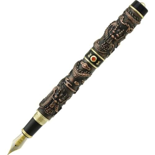 Jinhao Vintage Luxurious Fountain Pen Double Dragon Playing Pearl, Metal Red Copper Carving Embossing Heavy Pen for Collection
