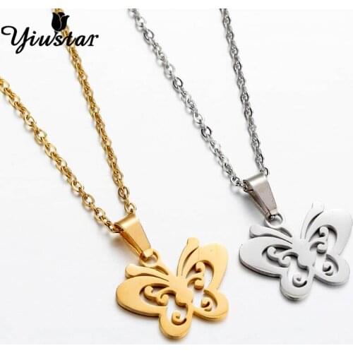 Yiustar Fashion Stainless Steel Tiny Hollow Lattice Butterfly Pendant Chain Necklace for Women Party Gifts Geometric Jewelry