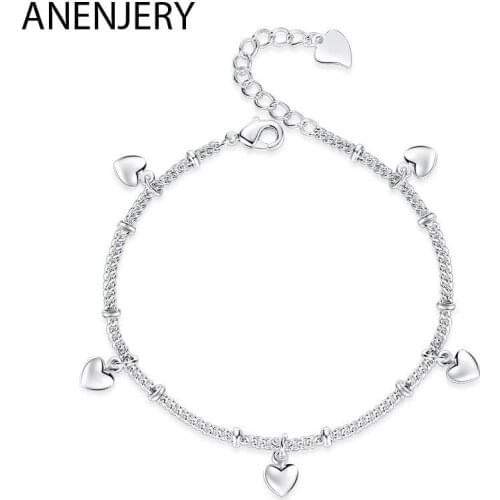 ANENJERY 925 Sterling Silver Heart Bracelets For Women Simple Vintage Beads Chain Bracelet Wedding Jewelry