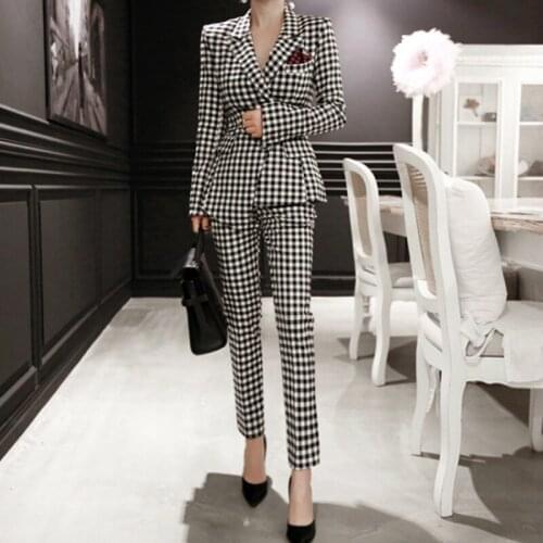 Brand Designer Korean Style Two Piece Set for Women Print Houndstooth Blazer and Pants with Pocket OL Work Office 2 Piece Set