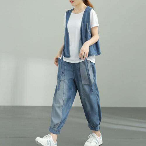 2021 Summer New Women Casual Denim Suits White T-shirt+Lace-up Vest Jacket+Nine-point Harem Pants Female Three Piece Set aq820