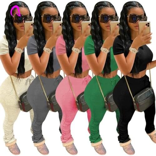 Tracksuits Women Two Piece Set Short Sleeve Shirt Crop Top + Flare Pants Casual Stacked Joggers Bell Bottom Pants Matching Suits