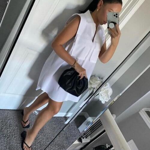 SKMY Ladies Mini Dress Sleeveless Streetwear Harajuku Pocket Solid Color Casual Loose Shirt Dress Summer Clothes For Women