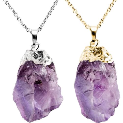 Purple Crystal Irregular Unpolished Raw Stone Pendant Necklace for Women Riki Healing Jewelry