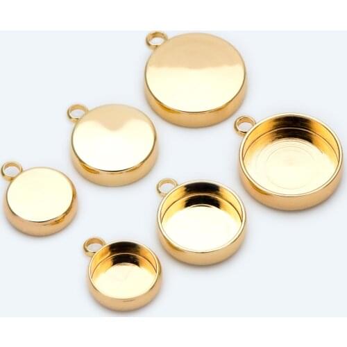 10pcs Gold Bazel Setting, Round Blank Charm Pendants, Inner 8/ 10/ 12mm, Gold Plated Brass Cabochon Base (GB-1748)