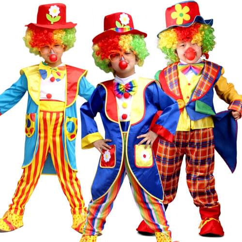 Halloween Costumes Children Funny Circus Clown Costume With Wig Shoes Naughty Joker Jester Uniform Fancy Dress Cosplay For Boy