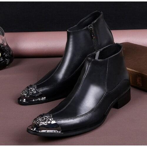 Christia Bella Genuine Leather Men Boots Black Pointed Toe Party Ankle Boots Business Dress Shoes Man Formal Short Boots Botas