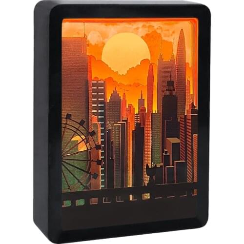 City Buiddings Atmosphere Lamps Paper-Cut Light Box And Shadow Creative Frame Gift Bedroom Decoration Table 3D Led Sunset Lamp