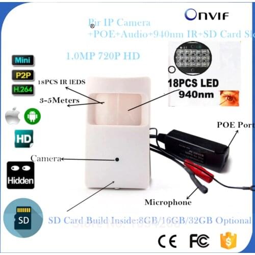 720P Poe IP Camera Night Vision 940nm Infrared IP Camera IR POE PIR Style Motion Detector ONVIF MINI IP Camera PoE SD Card Mic