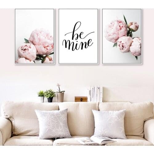 Pink Peony Flower Letter Canvas Painting Nordic Fashion Wall Art Poster and Print Modern Minimalism Girl Bedroom Home Decor
