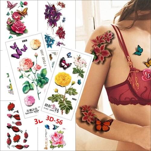 Red rose waterproof 3D tattoo sticker Red lips peony flower mandala lily temporary tattoo Butterfly plant Body art women tattoo