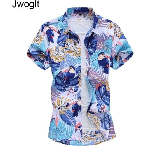 45KG-120KG Summer Fashion Mens Casual Button Parrot and Tropical Plants Printed Beach Short Sleeve Top Blouse 5XL 6XL 7XL