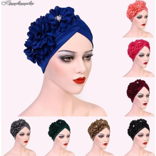 Fashion Solid Color Side of The Applique Flower Beanies Hat Muslim Headwrap India Turban Cap Islamic African Headwear Bandanas