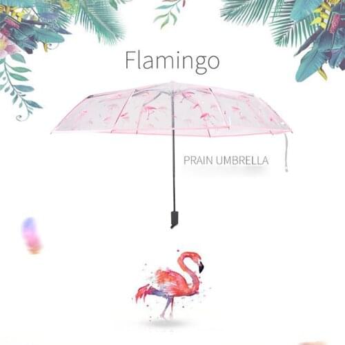 Fashion Pink Flamingo Transparent Folding Women Rain Umbrella PVC Clear Hiking Men Black Umbrellas Outdoor Travel Parasols