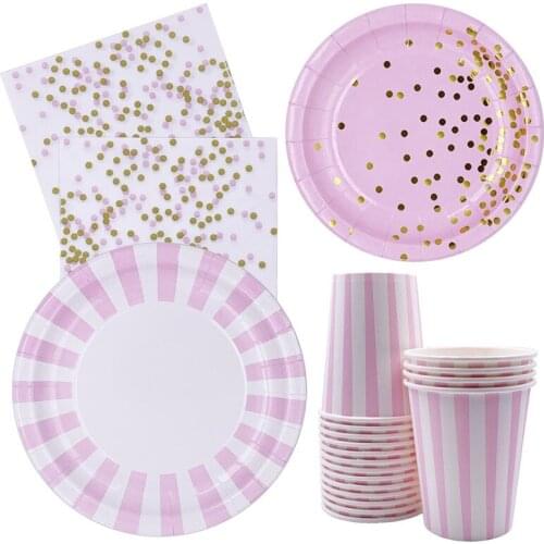 40pcs Pink Gold Party Disposable Tableware Set Party Paper Cups Plates Party Table Decoration Wedding Birthday Party Supplies