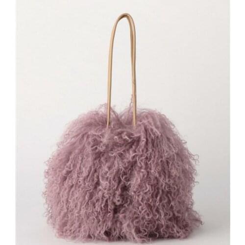 New Winter Bucket Real Fur Shoulder Bags Japan Beach Wool Cylinder Handbag Wool Plush Women Bag Crossbody Handbag purse