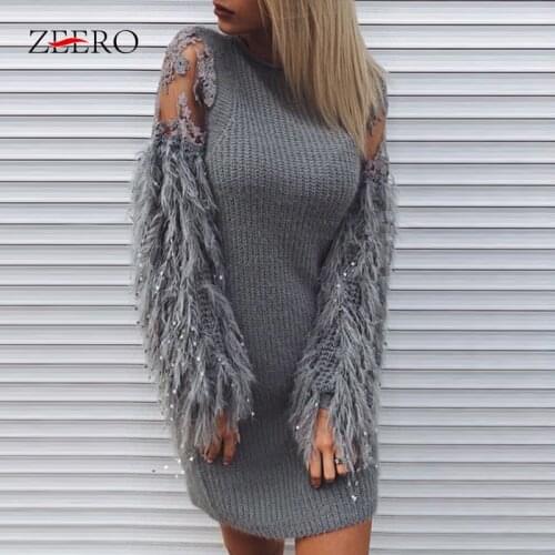 Autumn Winter Knitting Women Sexy Lace Patchwork Tassel Knitted Mini Dress Elegant Female Vintage Loose Sweater Dresses Jumper