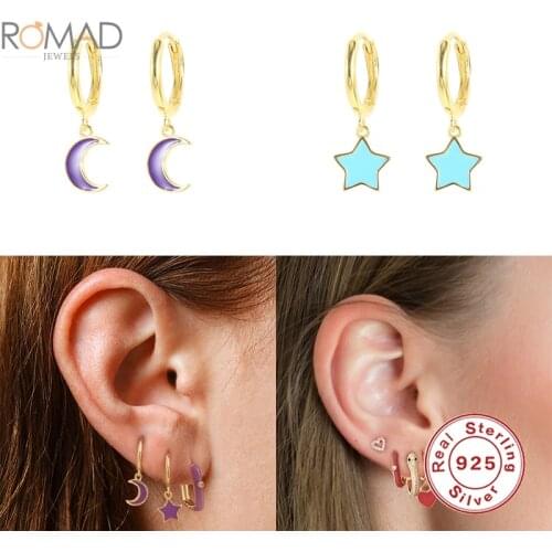 ROMAD 2021 Trend Women Purple Stars Moon Pendant Earrings Hoops 925 Sterling Silver Drip Oil Earrings Fashion Jewelry Aretes