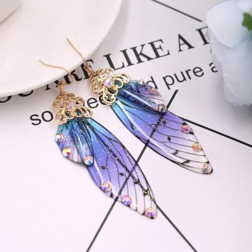 Handmade Fairy Simulation Wing Earrings Insect Butterfly Wing Drop Earrings Foil Rhinestone Earrings Romantic Bridal Jewelry