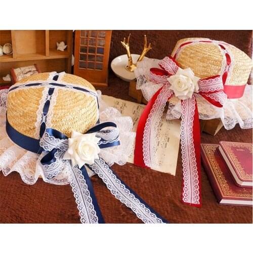 Lolita Tea Party rose Lace Bow Ribbon Summer Straw Hats Womens Beach Sun Hat Mori Girl Princess Cap B1333