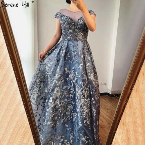 Blue A-Line Cap Sleeves Long Prom Dresses 2020 High-end O-Neck Crystal Beading Party Gowns Elegant Dress Serene Hill BLA70670