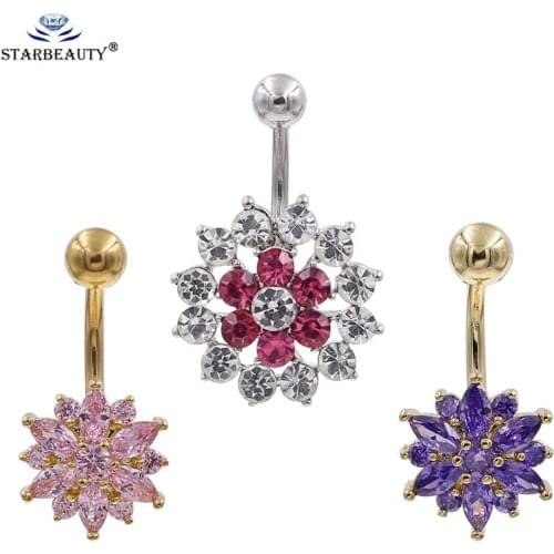 Starbeauty 1Pc Stainless Steel Snowflake Flower Crystal Navel Bars Gold Belly Button Ring Navel Piercing Jewelry 1.6*10*5*8mm