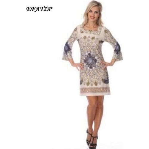 2015 Spring Runway Designer Dress Womens 3/4 Sleeves Bohemian Print Plus Size XXL Straight Jersey Silk Dress