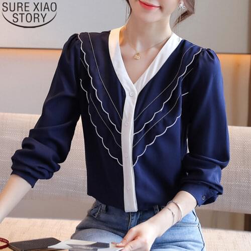 Fashion Autumn Women Shirts V-neck Blue Chiffon Shirt Cardigan Long Sleeve Blouses Women Tops Solid Ruffles Blusas Clothes 10963