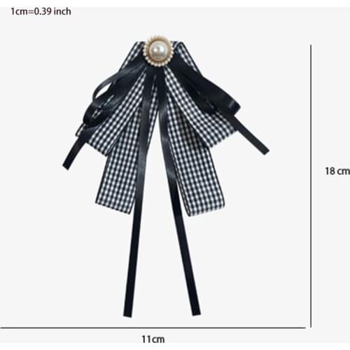 Women Layered Bow Tie Brooch Vintage Plaid Print Faux Pearl Bowknot Shirt Collar DXAA