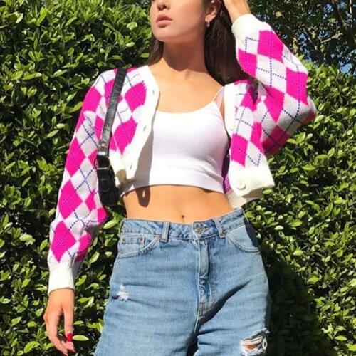 Spring autumn Pink Y2K Argyle Cardigan Women Sweat Casual Knitted Warm 90 Long Sleeve Cropped Cardigan Autumn