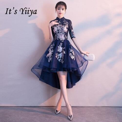 Its YiiYa High Collar Half Sleeve High-low Vintage Zipper Tea Length Formal Dresses Embroidery Party Full Porm Dress MX002