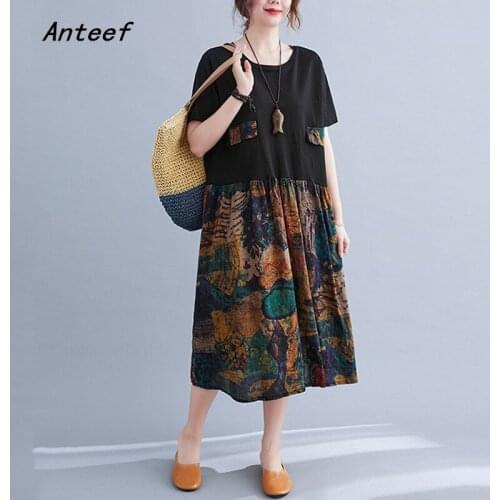 Short sleeve cotton linen vintage floral dresses for women casual loose midi woman summer dress elegant clothes 2021