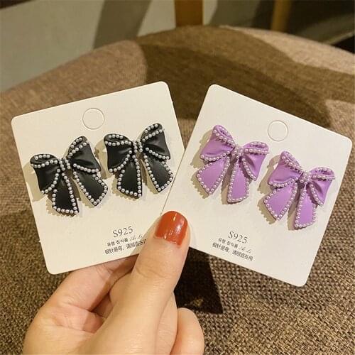 1pair New Fashion Bow Earrings Pink Cute Pearl Earrings Jewelry Accessories For Women Girls Candy Color Rhinestone Earrings