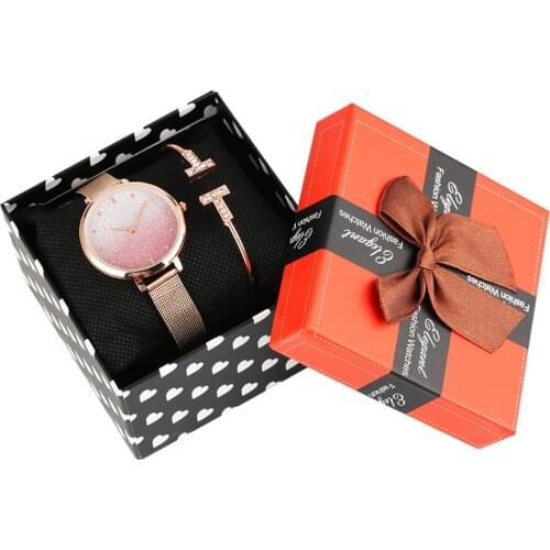 3pc/set Watch Bangle Set Unique Pink Starry Dial Analog Quartz Wristwatch Rose Gold Crystal Open Cuff Bangle Charm Clock Box Set