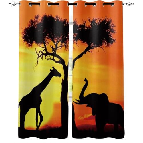 Africa Elephant Giraffe Tree Silhouettes Window Curtains For Living Room Bedroom Home Decor Panels For Kitchen Kids Curtains