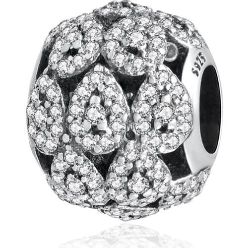 Authentic S925 Silver Bead Cascading Glamour Clear CZ Crystal Charm fit Lady Bracelet Bangle DIY Jewelry