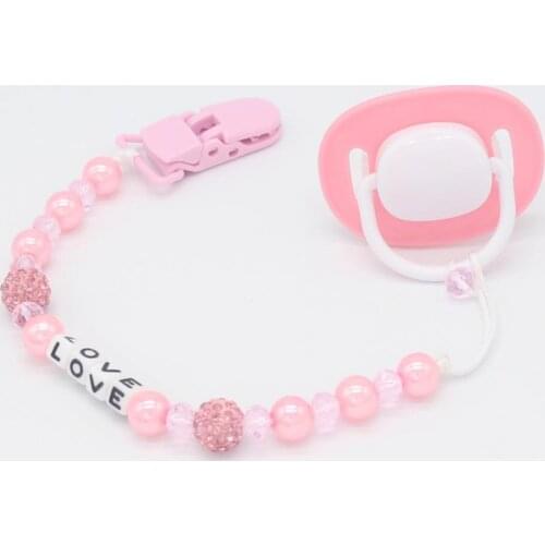Anti-dropping Anti-lost Chain Infant Kids LOVE Letters Pacifier Chain Baby Pacifier Clips Crystal Pearl Baby Pacifier Chain