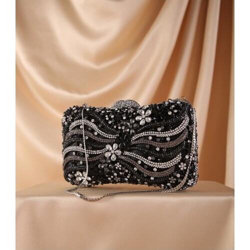 Black Gemstone Rhinestone Chain Purse Fashion Crystal Ladies Party Prom Mini Shoulder Bag Shopping Clutches bags rosegold/silver