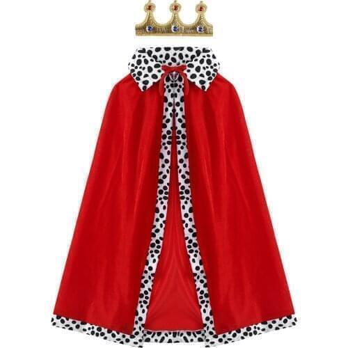 Kids Children Halloween King Costumes Cosplay Outfit Red Velvet Cloak Cape with Crown Outfit Set for Roleplay Party Dress Up