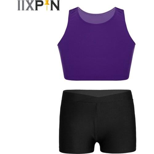 Kids Girls Ballet Dance Gymnastics Costume Set Children Solid Color Sleeveless Crop Top Tanks Tops With Dance Shorts Bottoms