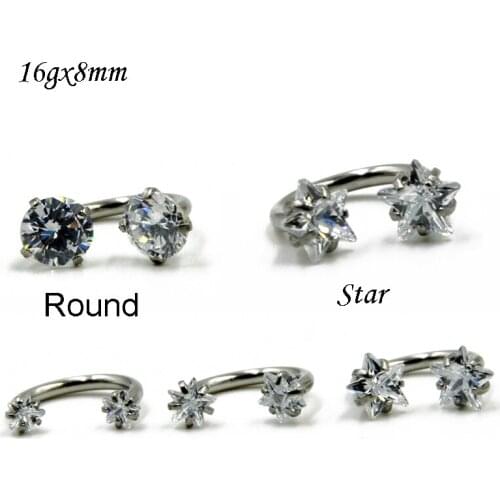 Showlove-2pc Stainless & Clear Zircon Round & Horseshoe Ring Captive Bead Ring Cartilage Internally Thread Body Piercing Jewelry